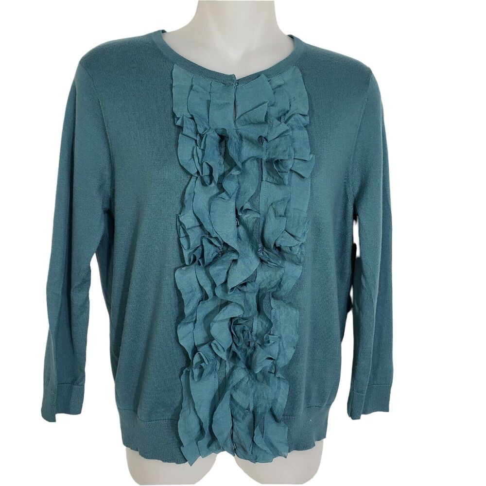 Ann Taylor Loft Petites Womens Top Sz MP Pima Cotton Snap Up Ruffles 3/4 Sleeves